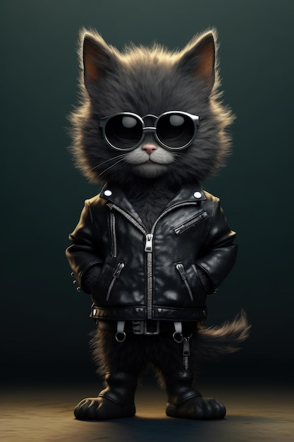 Photo a cool cat with a leather jacket and glasses