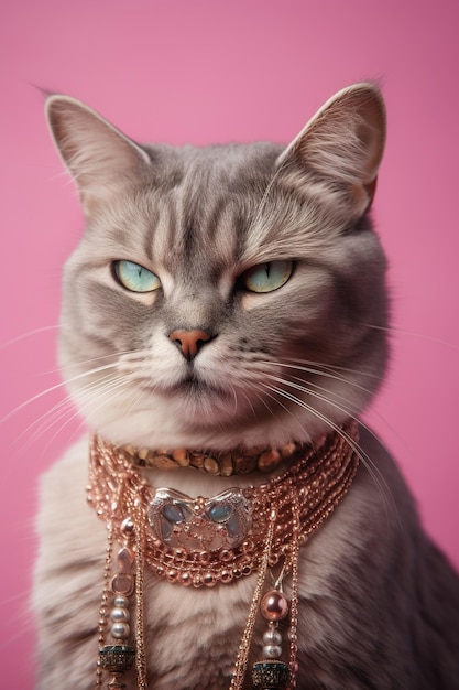 Cool cat with neckless on pink background Fashionable appearance be trendy Style and fashion Stylish pet Jewelry accessories Generative AI