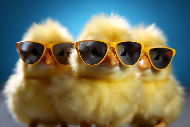 Cool chick Small yellow poultry wearing sunglasses happy farm baby