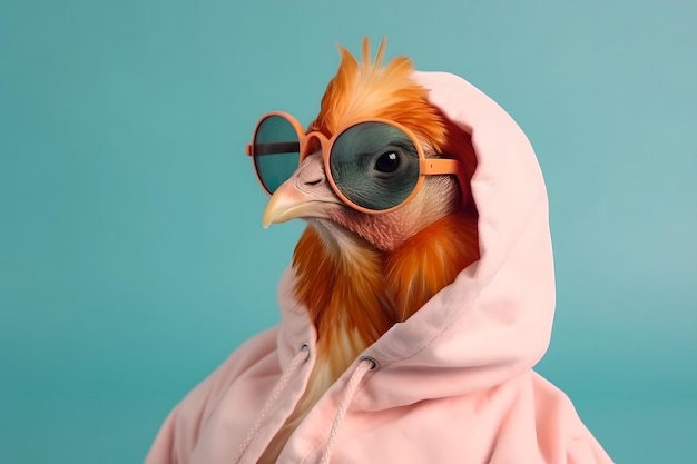 Photo cool chicken in pink pastel hoodies and glasses cool concept minimal fashion and beauty generative ai