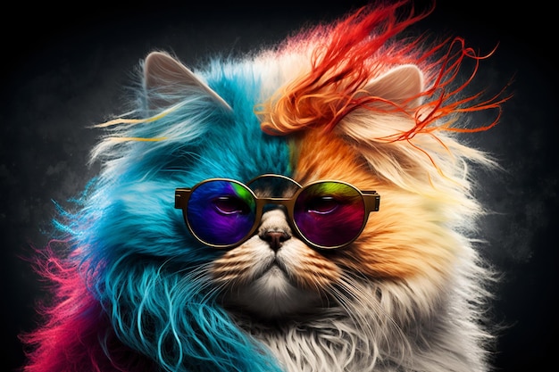 Gatto fresco e colorato con occhiali da sole colori arcobaleno concetto di inclusione tolleranza diversità diverso e unico per essere gattino alla moda generative ai