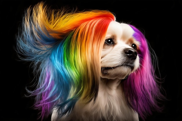Foto cane fresco e colorato colori dell'arcobaleno concetto di inclusione di tolleranza alla diversità diverso e unico per essere doggy alla moda generative ai