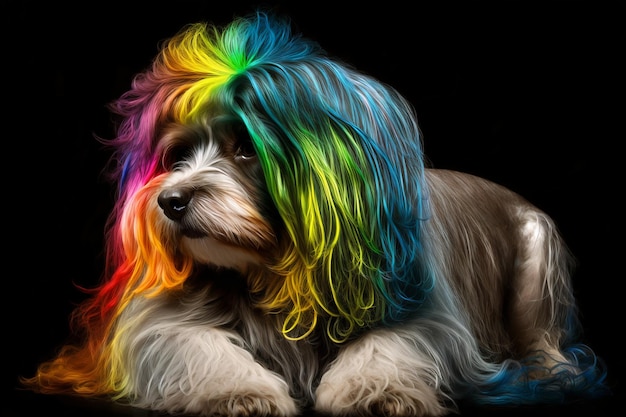 차갑고 화려한 개 무지개 색상 다양성 허용 포용 개념 독특하고 독특한 패셔너블한 강아지 Generative AI