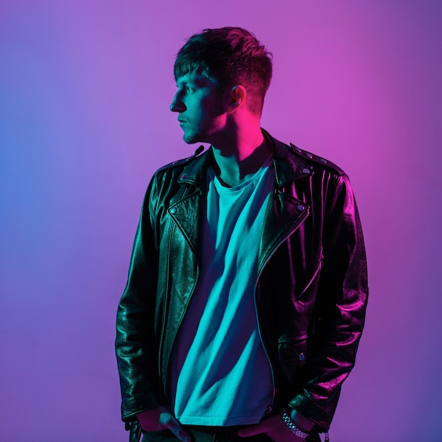 Cool colorful portrait of a young stylish couple model in a black leather fashion jacket on a colored background with purple, pink and blue light. Vintage style, male casual outwear look