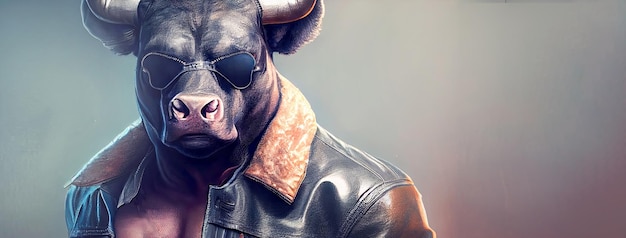 A cool and confident male portrait of a black bull sporting sleek sunglasses Exuding strength