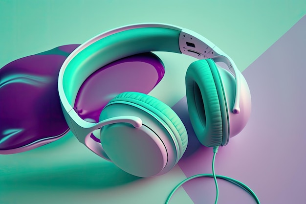 Cool contemporary and trendy green cyan headphones isolated on a purple background