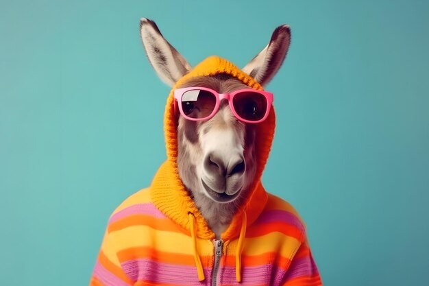 Cool cool playful donkey in hoodies and rosecolored glasses The concept of fashion clothing and style is minimal Generative AI