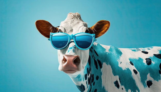 Cool Cow A Whimsical Bovine Wearing Sunglasses on Blue Background Generative AI