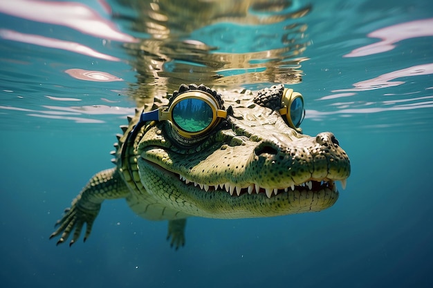 Foto un coccodrillo freddo con gli occhiali si tuffa nell'acqua surrealista concetto divertente di animali della natura e estate generativa ai