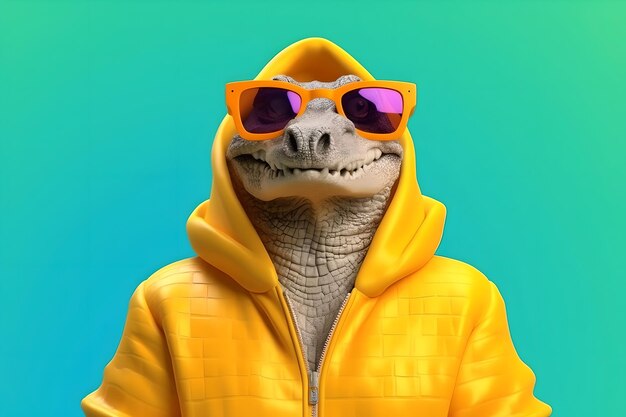 A cool crocodile in a yellow hoodie and glasses looks at the camera The concept of creative style and fun Generated AI High quality photo