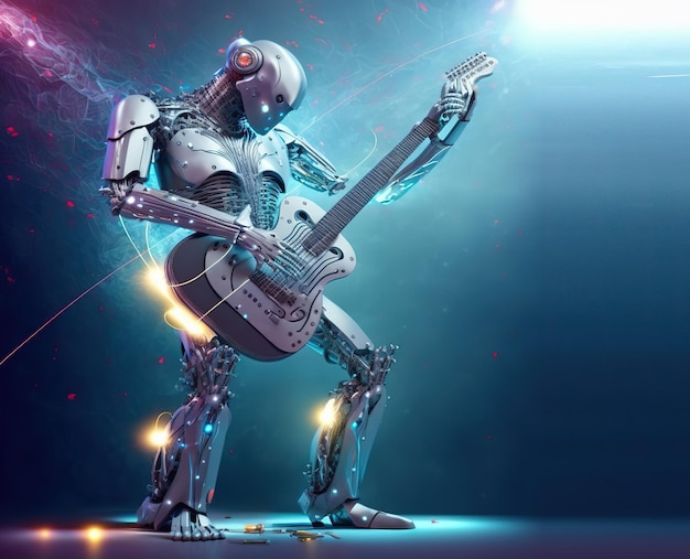 Cool cyborg rockgitarist met basgitaar speelt muziek tijdens een concert in neonlichten 3d illustratie