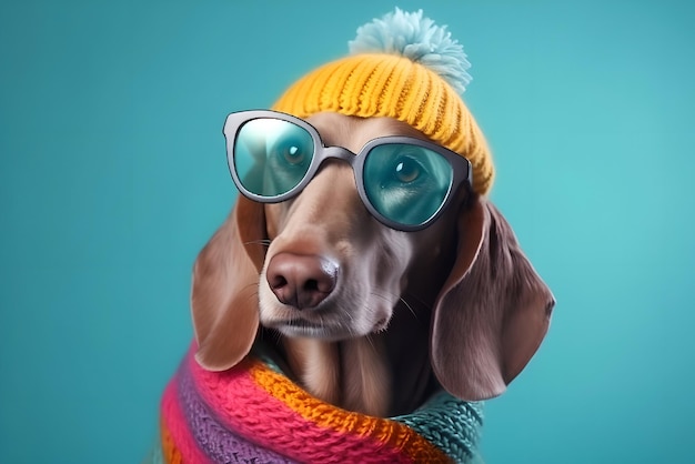 Cool dachshund dog in glasses sweater and hat with bubo Minimal creative concept of fashion and beauty Generative AI