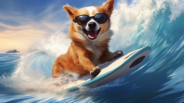 Крутая собака занимается серфингом в солнечных очках на океанских волнах