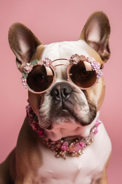 분홍색 배경에 선글라스를 끼고 목이 없는 멋진 개 세련된 외모는 트렌디한 스타일과 패션이 될 수 있습니다. 세련된 애완 동물 쥬얼리 액세서리 Generative AI