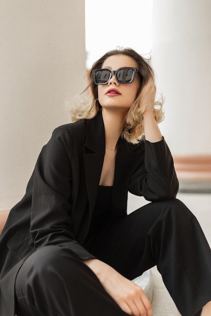 Фото Прохладная элегантность модная юная красотка модель с солнцезащитными очками в черной деловой одежде со стильным блейзером сидит на улице возле белой колонны