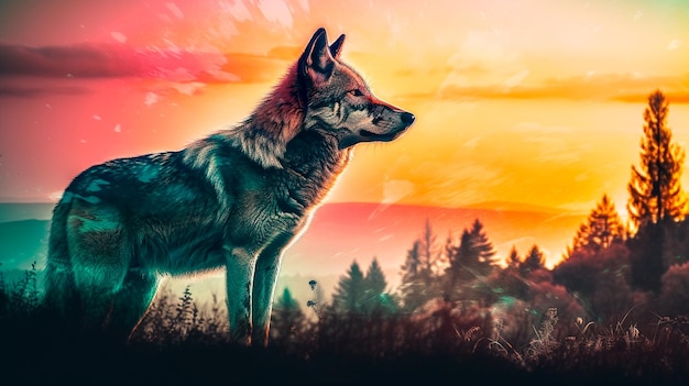 Cool en mooi silhouet Wolf dier met dubbele belichting in natuurlijke habitat Een kleurrijke illustratie van dieren in het wild in creatieve fotomanipulatie Generatieve AI