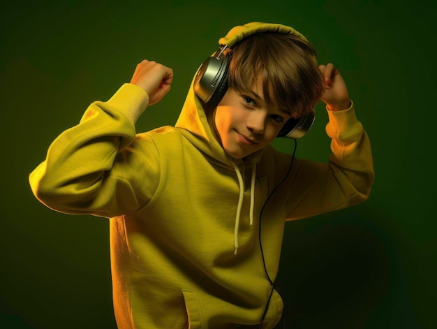 Foto cool en trendy portret van een jonge muziekliefhebber met koptelefoon en hoodie gegenereerd door ai