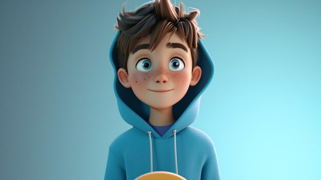 Photo a cool and energetic cartoon boy with a skateboard sporting a trendy sky blue hoodie this 3d headshot illustration captures his playful spirit and love for skateboarding