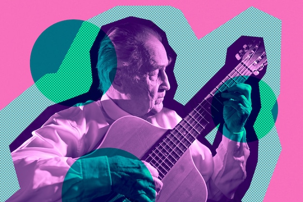 Cool fashion elderly man strum an acoustic guitar. rock,\
classic, jazz concert collage poster. contemporary art concept in\
pop art style. template for design of music theme. old school\
musicant.