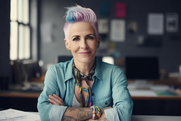 Cool female fashion designer mature age smiling face looking at camera colored hair piercing tattoo standing at office desk laptop trendy interior office Generative AI AIG20