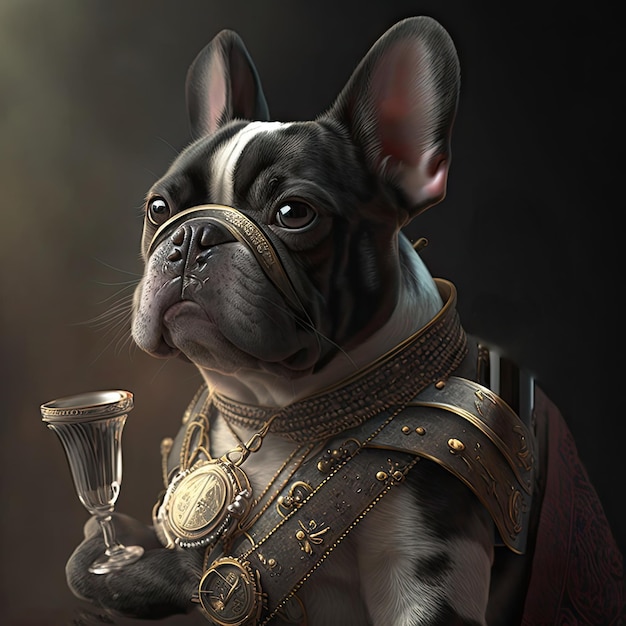 Cool French Bulldog in Uniform with a Drink Drawing Imitation Abstract Generative AI Illustration