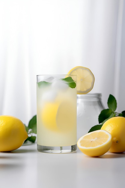 Photo cool freshly made lemonade and lemon fruits on white background space for text ai generated