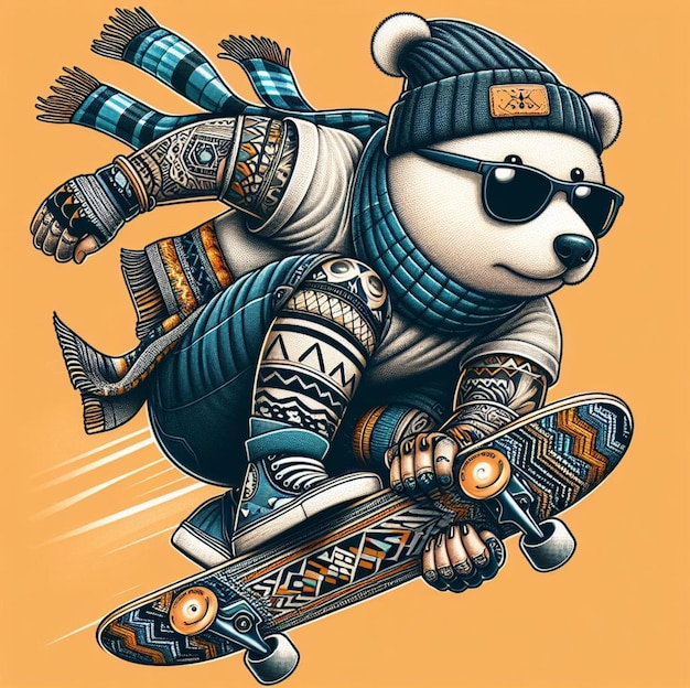 cool gangster tatooed polar bear flip jump skateboard anthropomorphic funny character poster sticker