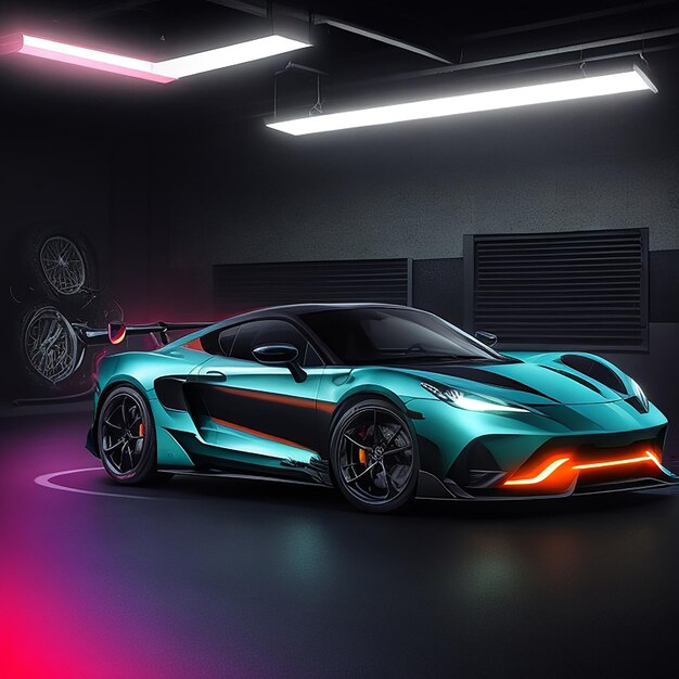 Cool generic sports car in a dark studio generated by AI