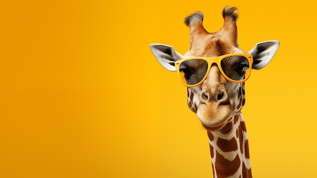 Cool giraffe in zonnebril op gele achtergrond als bedrijfsreclame concept generatieve AI