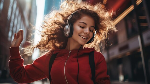 Cool girl listening music through headphones and dancing in the street