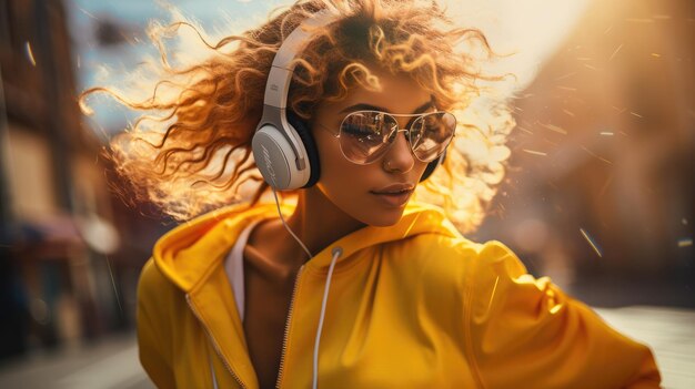 Photo cool girl listening music through headphones and dancing in the street