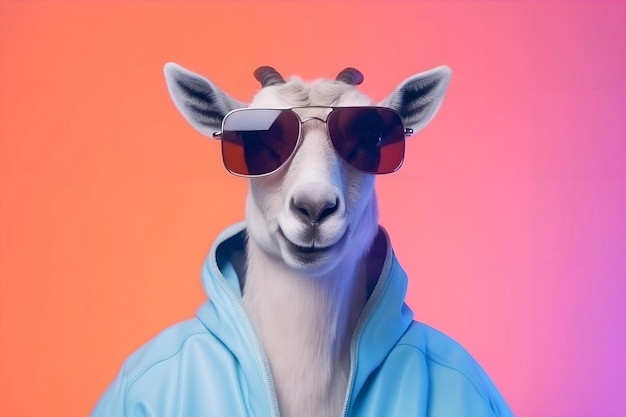 Photo cool goat with horns in a blue hoodie jacket and sunglasses on an orange background generative ai cool goat with horns in a blue hoodie jacket and sunglasses