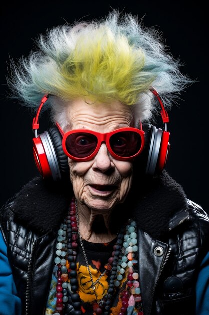 Cool grandma Elderly woman listens to music on headphones