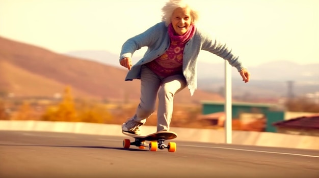 Photo cool granny concept with old lady skating on road generative ai