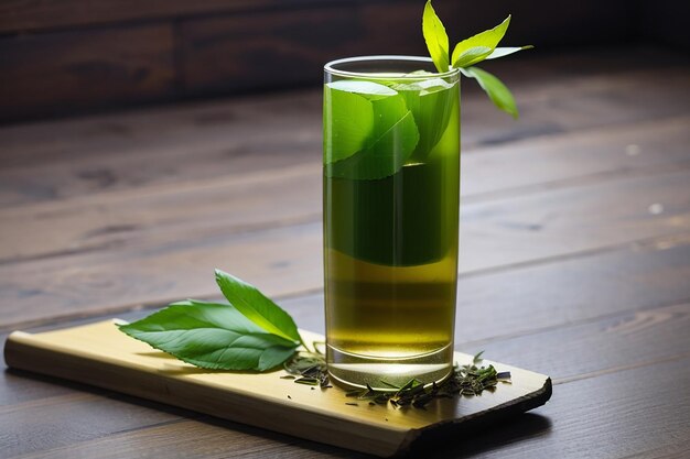 Cool green tea in a tall glass placed on the plank floor