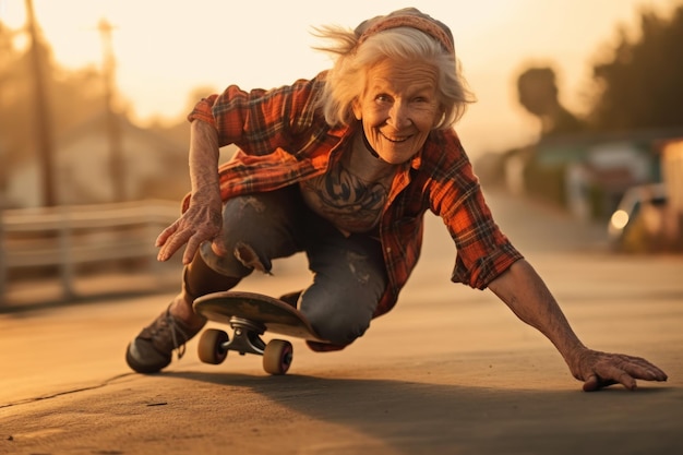 Cool grey haired older senior woman skateboarding on sunset outdoors Generative AI