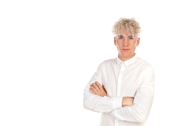 Photo cool guy with curly blond hair wearing a shirt isolated