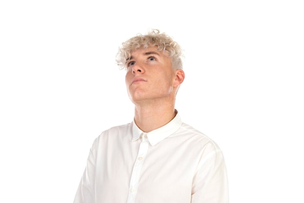 Cool guy with curly blond hair wearing a shirt isolated 