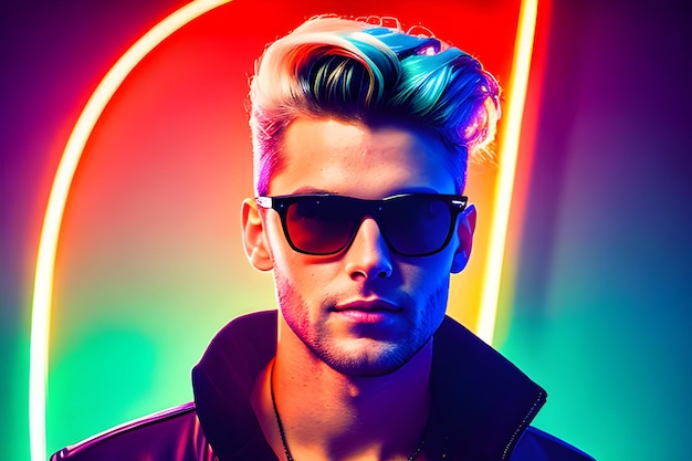 Cool guy with sunglasses vibrant neon lights ai generative image