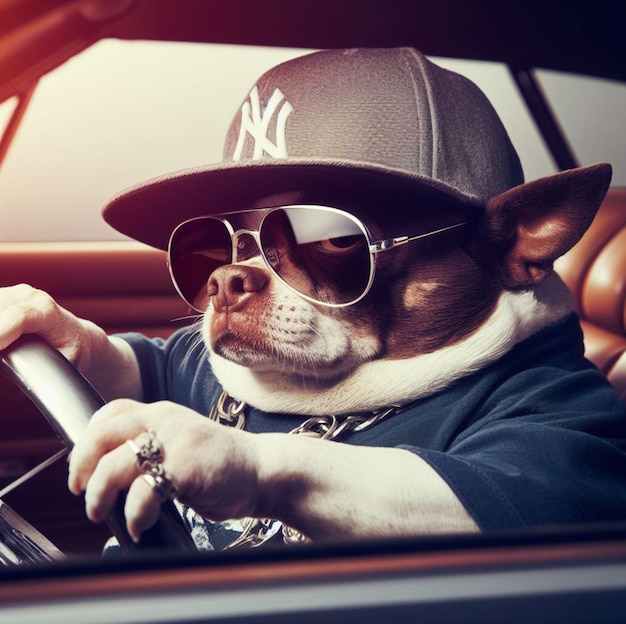 Photo cool hispanic gangster plus size dog drive drive lowrider retro car anthropomorphic funny character