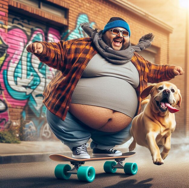 cool hispanic gangster plus size with pet speed flip jump skateboard anthropomorphic funny character