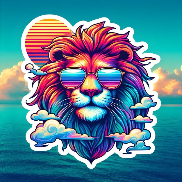 Cool hologram stickers lion wearing sunglasses sunrise retro style