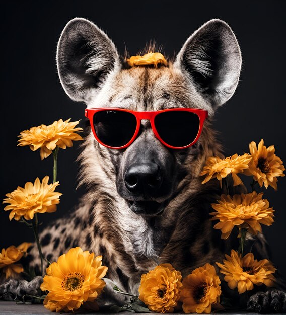 Cool hyenaportret in zonnebril met bloemen