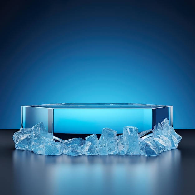 Cool ice cube podium stage blue 3d background with winter iceberg product display