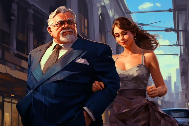 Cool illustration A fat rich elderly man in expensive clothes walks with a young beautiful lady