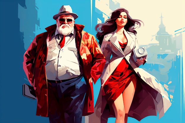 クールなイラスト 高価な服を着た太った裕福な年配の男性が若い美しい女性と歩いている