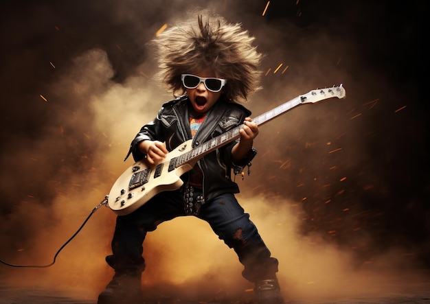 Крутой мальчик, играющий на гитаре со стилем генеративный ИИ
