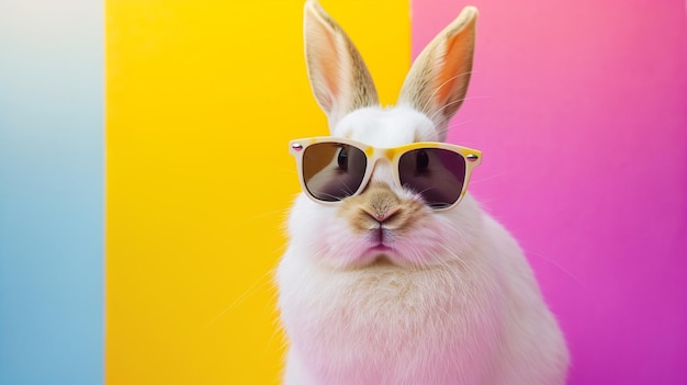 Cool konijntje met zonnebril in studio met een kleurrijke en heldere achtergrond AI Genative