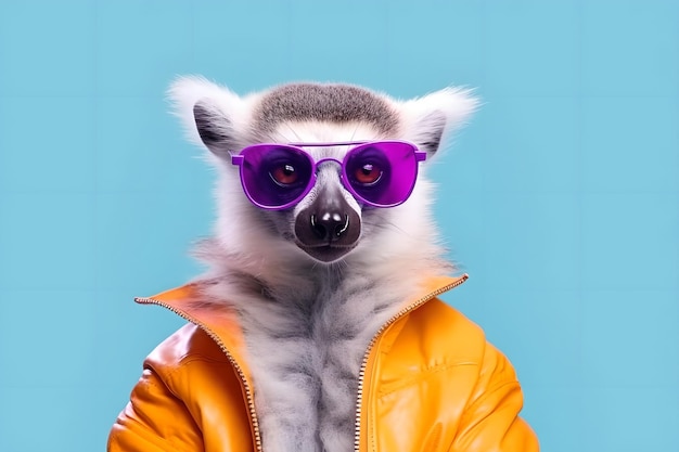 Photo a cool lemur in sunglasses and a bright yellow jacket the concept of fashion and beauty is minimal generative ai