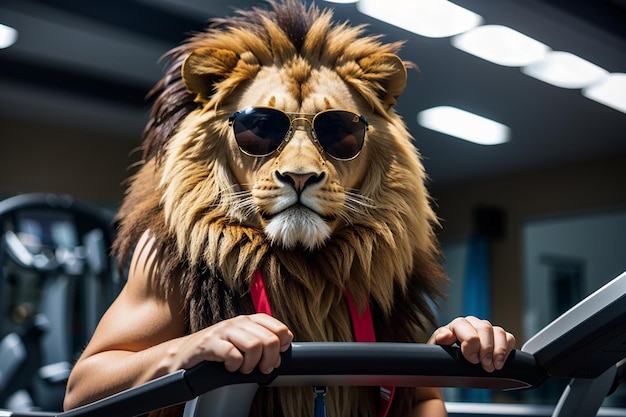 Cool lion with sunglasses on the treadmill in the gym